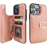 ONETOP for iPhone 14 Pro Max Wallet Case with Card Holder, 360° Rotation Ring Kickstand RFID Blocking PU Leather Double Magnetic Clasp Shockproof Cover for Women and Girls 6.7 Inch (Rose Gold)