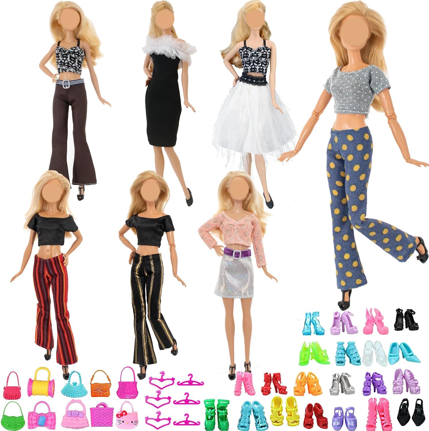 Doll Clothes and Accessories Compatible with Barbie Clothes, Including 5 Top 5 Pants in Fashion Style and 10 Bags 10 Hangers 10 Pair of Shoes in Random for 11.5 inch Dolls