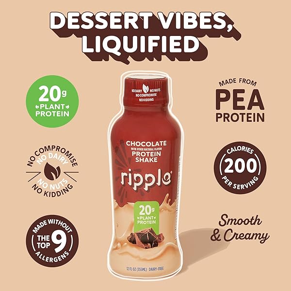RIPPLE VEGAN PROTEIN SHAKE | CHOCOLATE | 20G NUTRITIOUS PLANT BASED PEA PROTEIN | SHELF STABLE | NO GMOS, SOY, NUT, GLUTEN, LACTOSE | 12 OZ,