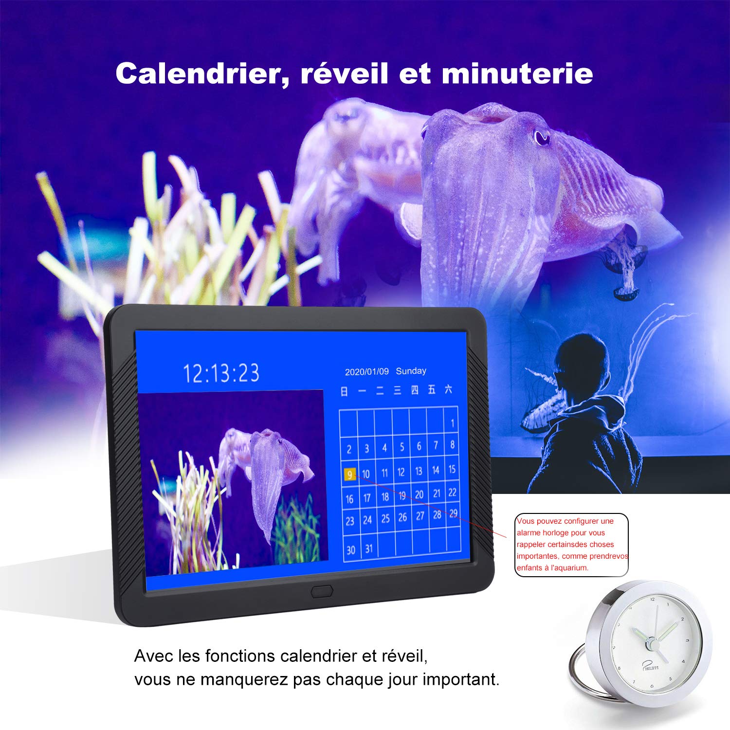 Cadre Photo Numérique 8 Pouces Vidéos Album Photo Haute Résolution 1920 x 1080 CofunKool 16: 9 IPS Afficher Photos, Musiques, Numérique Calendrier Réveil Minuterie Marche/Arrêt Automatique (8, Noir)