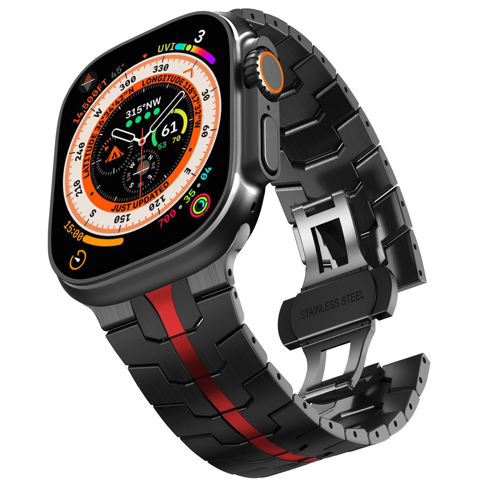 CHANCHY Stainless Steel Strap for Apple Watch Strap 49mm 46mm 45mm 44mm 42mm(Series 3), Metal Link Bracelet Replacement Band for iWatch Ultra 3 2 1/SE 3 2 1/Series 11 10 9 8 7 6 5 4 3 2 1, Black/Red โ image 1
