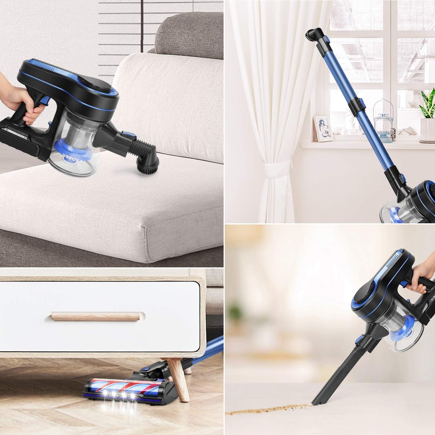 APOSEN Cordless Vacuum Cleaner, 24KPa Powerful Suction 250W Brushless Motor 4 in 1 Stick Vacuum for Home Hard Floor Carpet Car Pet H250 Blue -