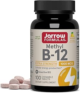 Jarrow Formulas Methyl Vitamin B-12 1000 mcg, 100 Chewable Tablets, Lemon Flavored- Bioactive B12 Vitamin - Supports Cellular