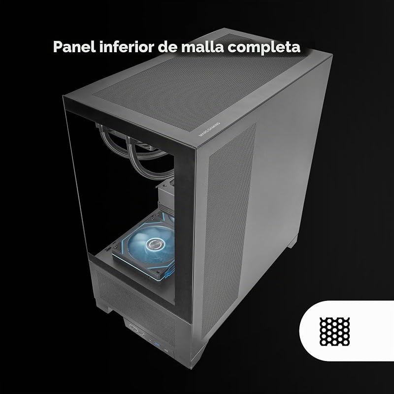 MC-LCDX, Caja Gaming ATX, Pantalla IPS 9.16" Integrada y Conexión HDMI, Cristal Templado Continuo, Panel Inferior Full Mesh, Doble Cámara, Soporte Refrigeración Líquida hasta 360mm, Negro