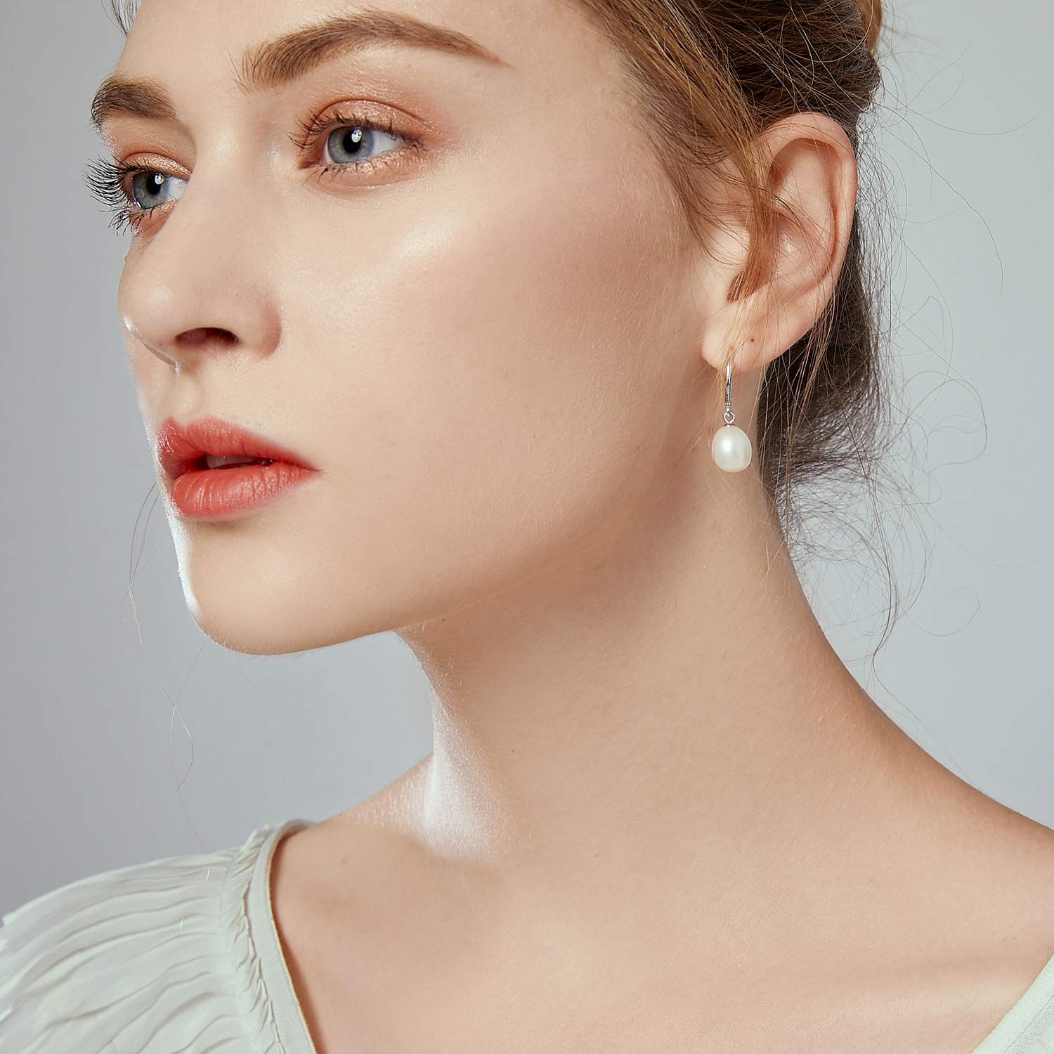 Sterling Silver 6-6.5mm Teardrop White Freshwater Cultured Pearl Leverback Dangle Earrings - AAA Quality