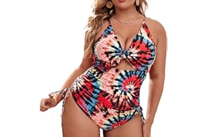 pnttoo Women One Piece Plus Size Swimwear Tummy Control Swimsuits V-Neck Cutout Twist Monokini Bathing Suits