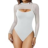 Avidlove Womens Long Sleeve Bodysuits Mock Turtle Neck Shapewear Bodysuit Sexy Mesh Bodysuit Two Piece Outfit Cami Tops