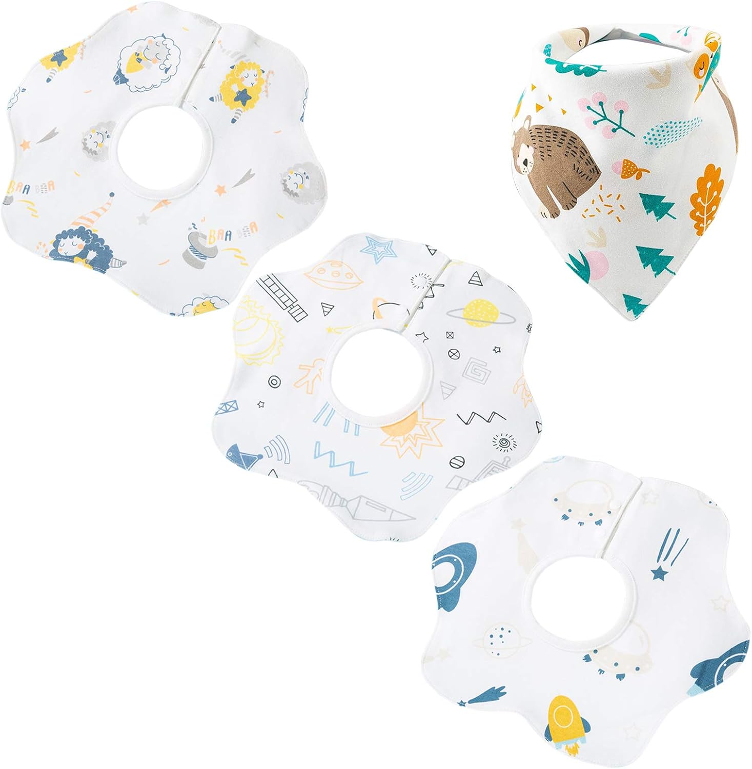 Baby Drool Bibs 360°Rotating 3+1 Pcs Caseeto Cotton Infant Bandana Bib
