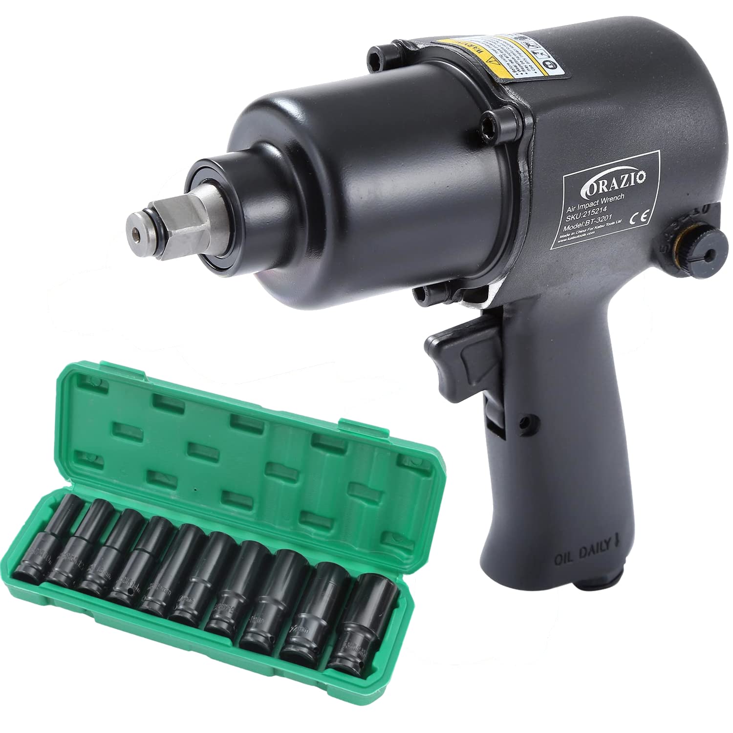 ORAZIO Air Impact Wrench 1/2" Twin Hammer 660N.M, with Deep Socket Set Professional Garage Car Truck Wheel Tyre Bolts Removal Installation Pneumatic Tool Aluminium Housing 215214