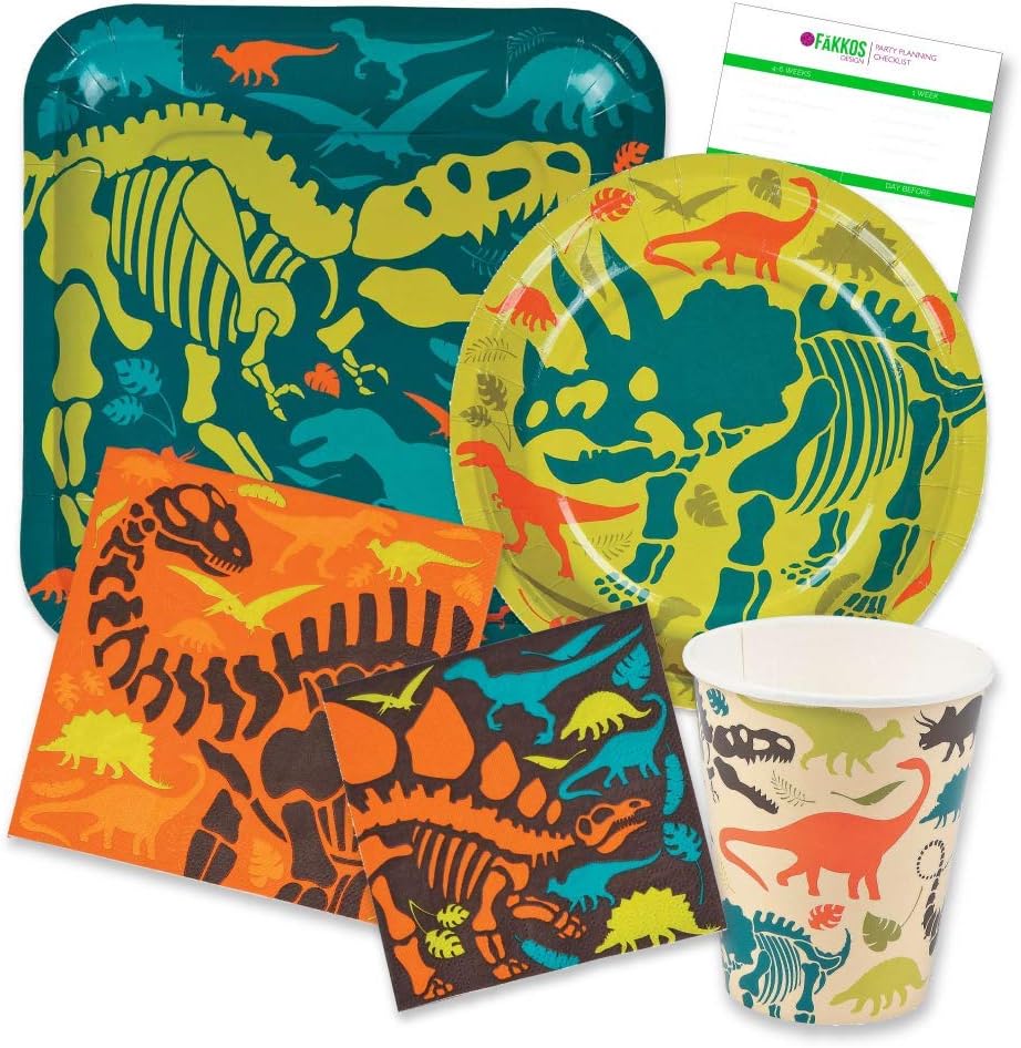 Dinosaur Birthday Party Supplies Pack for 16 people Includes: Large 9 Square Plates, dessert plates, lunch and beverage napkins and paper cups