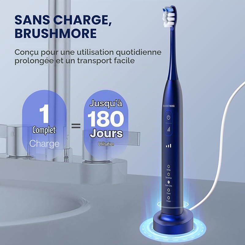 Brosse à dents sonique pour adultes, brosse à dents électrique rechargeable avec 5 modes de nettoyage, 3 niveaux d'intensité, capteur de pression intelligent (Bleu Marine)