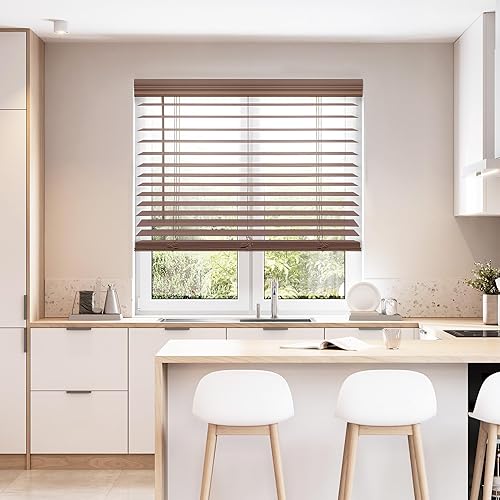 DEZ FURNISHINGS Cordless 2" Faux Wood Blind, 38.25" W x 60" H, Dark Oak