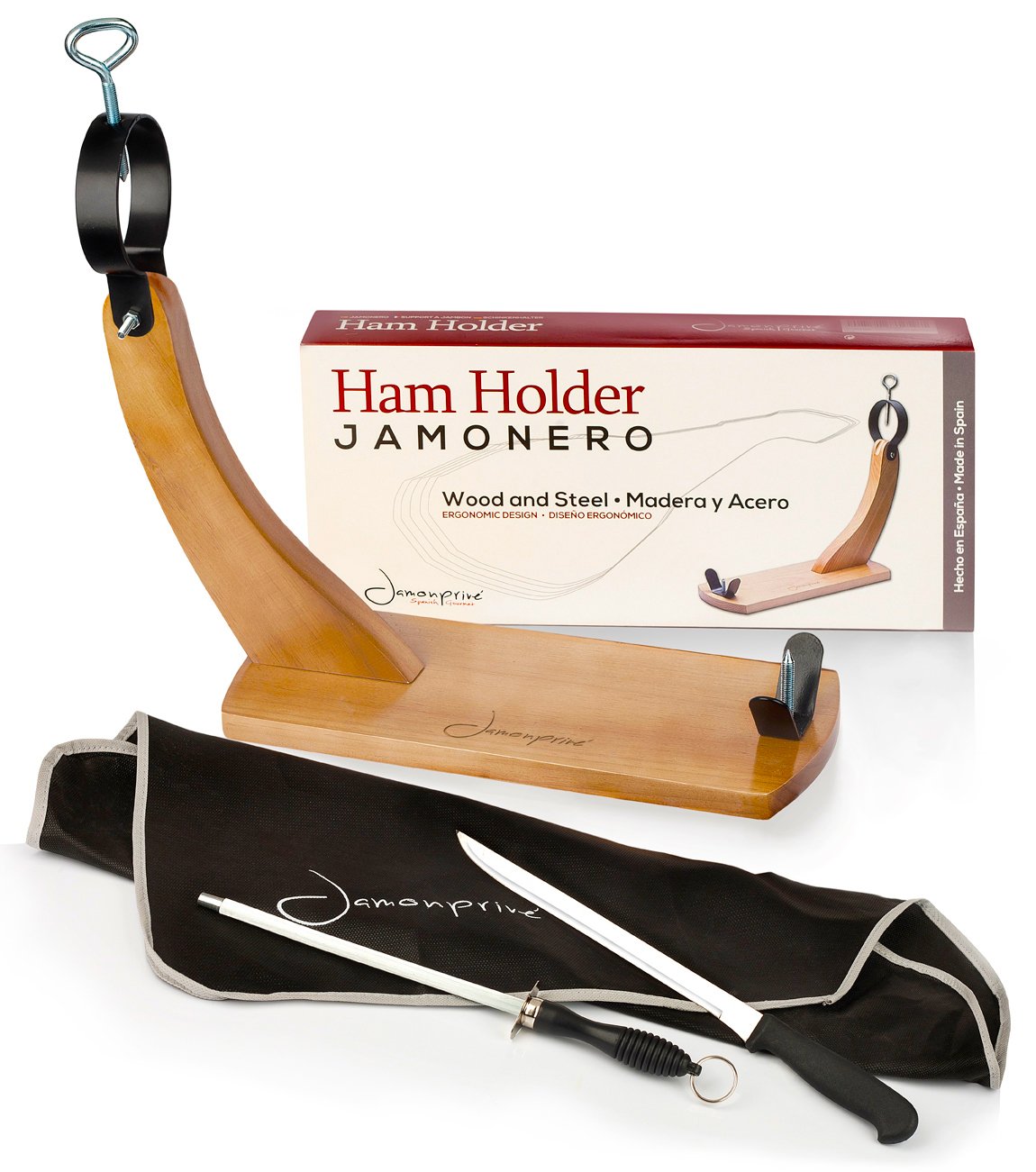 Schinkenhalter España mit Messer + Wetzstahl + Abdeckung für Schinken