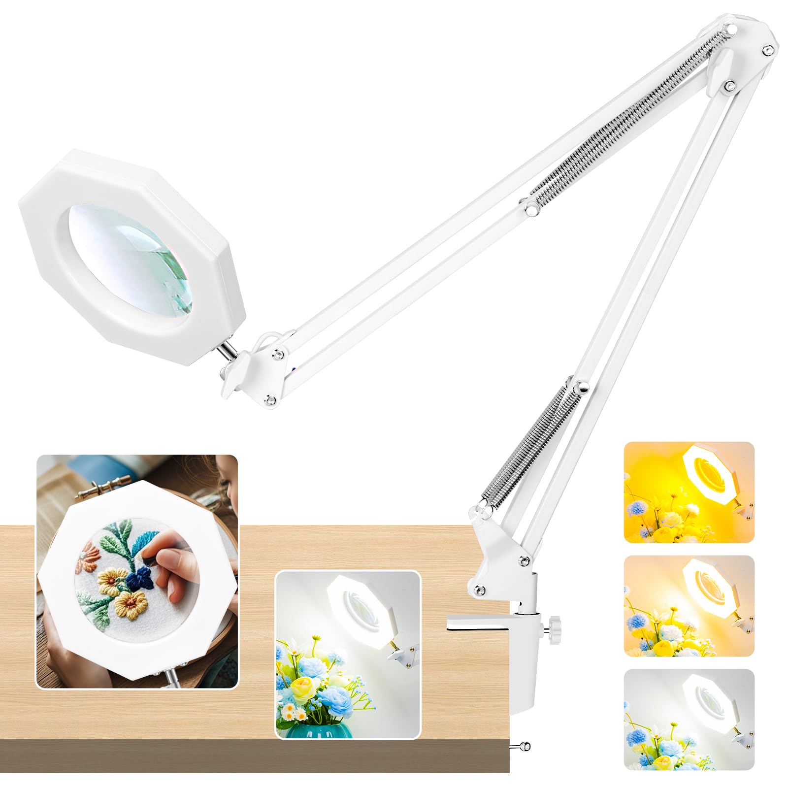 Photo 1 of KIRKAS 10X Magnifying Glass with Light and Clamp, Octagon LED Magnifying Lamp, 3 Color Modes and Stepless Dimmable, Hands Free Lighted Magnifier Glass Lens for Crafts, Repair, Close Work- White