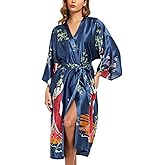 BestWendding Women's Satin Kimono Robes Floral Patterned Long Bathrobe Silky Dressing Gown Bridesmaid Robes with 2 Pockets
