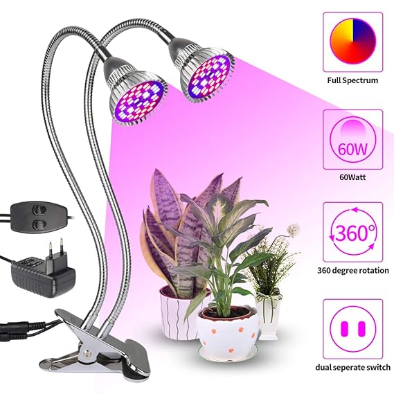 LED Pflanzenlampe XJLED 36W dual Kopf Pflanzenleuchte Voll Spektrum Pflanzenlicht Wachstumslampe Klemmleuchten mit 360 Grad e