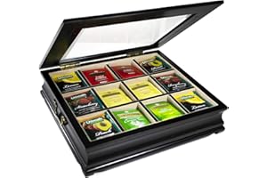 CHEZ MONETT Tea Chest 12 Compartments Tea Bag Large Storage Box with Beveled Glass Lid