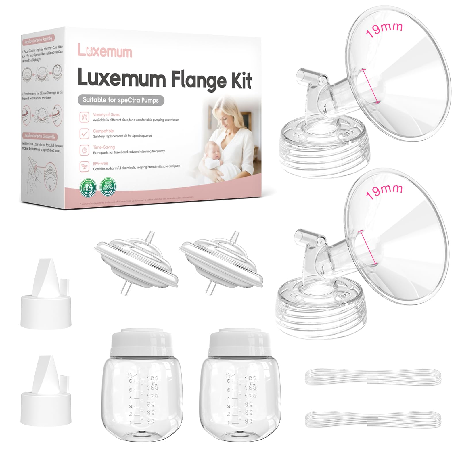 Pump Parts for Spectra Breast Pump S1/S2, Not Original Accessories, 19mm Full Set Replacements Include Flange/Duckbill Valve/Tubing/Backflow