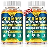 Nature's live Organic Sea Moss Softgels with Black Seed Oil, Ashwagandha, Bladderwrack, Ginger, Burdock Root, Manuka Honey, Cinnamon for Immune System, Skin, Energy, 90 Softgels, 2 Pack