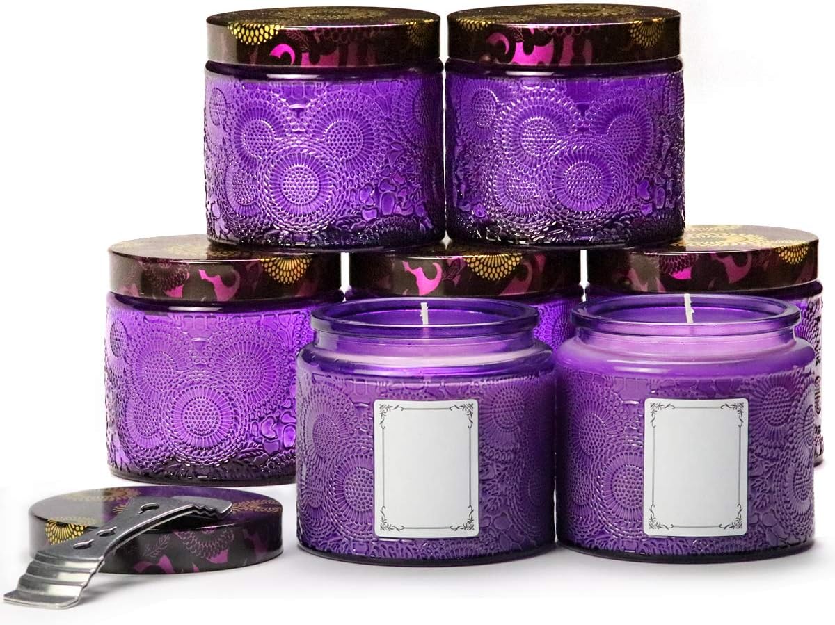 Purple Embossed Glass Candle Container with Tin Lid and Labels, 10 oz Pack of 9