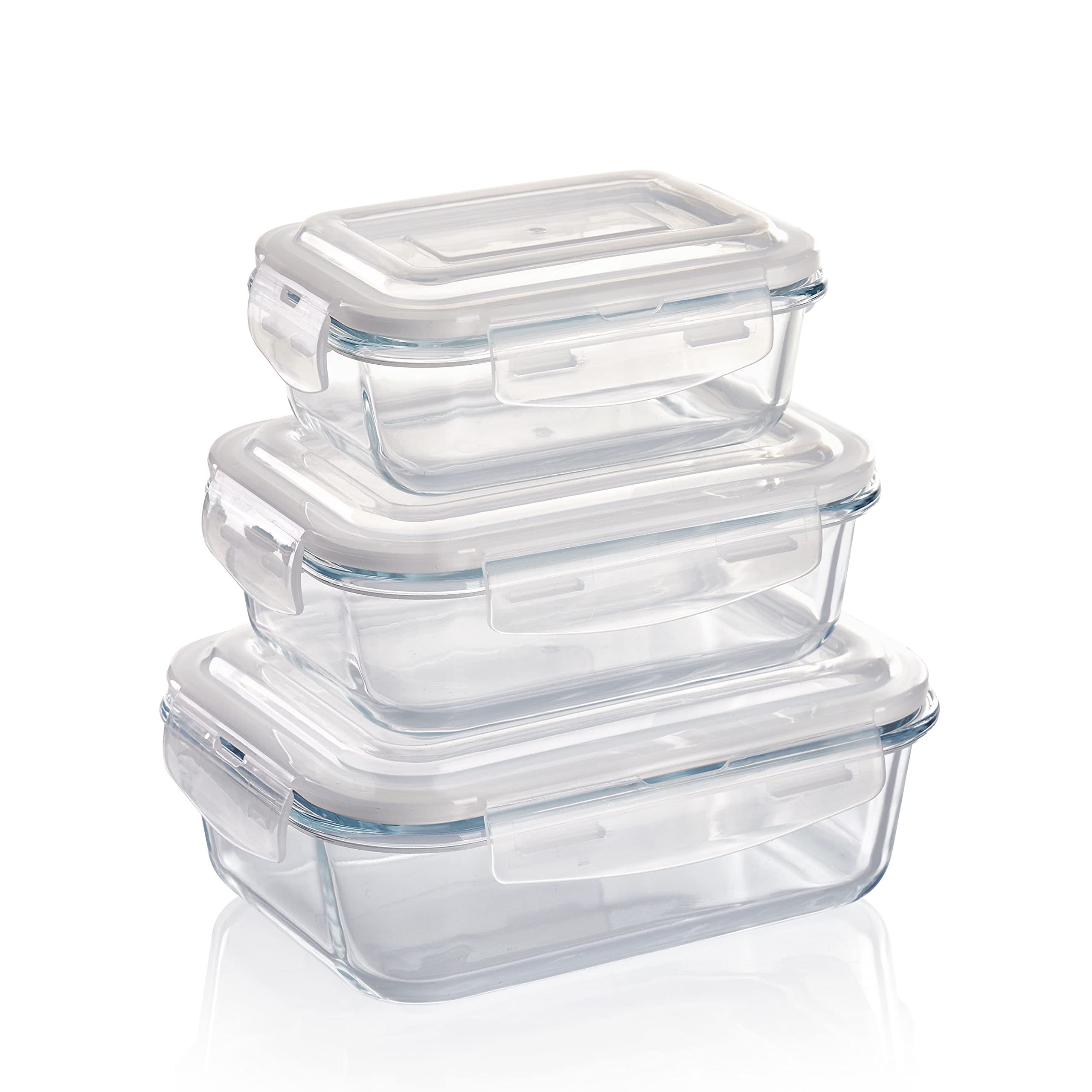 Grizzly Glass Food Storage Container Set - Ovenproof Dish with Lids - 1 x 370, 1 x 640, 1 x 1040 ml Rectangular - Air and Liquid Tight