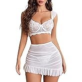 Avidlove Women Lingerie Set Lace Skirt and Bra 3 Piece Lingerie Set Chemise Ruffle Hem Sleepwear