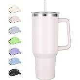 40 oz Tumbler with Handle and Straw, Insulated Stainless Steel Tumbler with 2 In 1 Lid, Double Vacuum Travel Mug Coffee Cup, Rose Quartz Pack 1