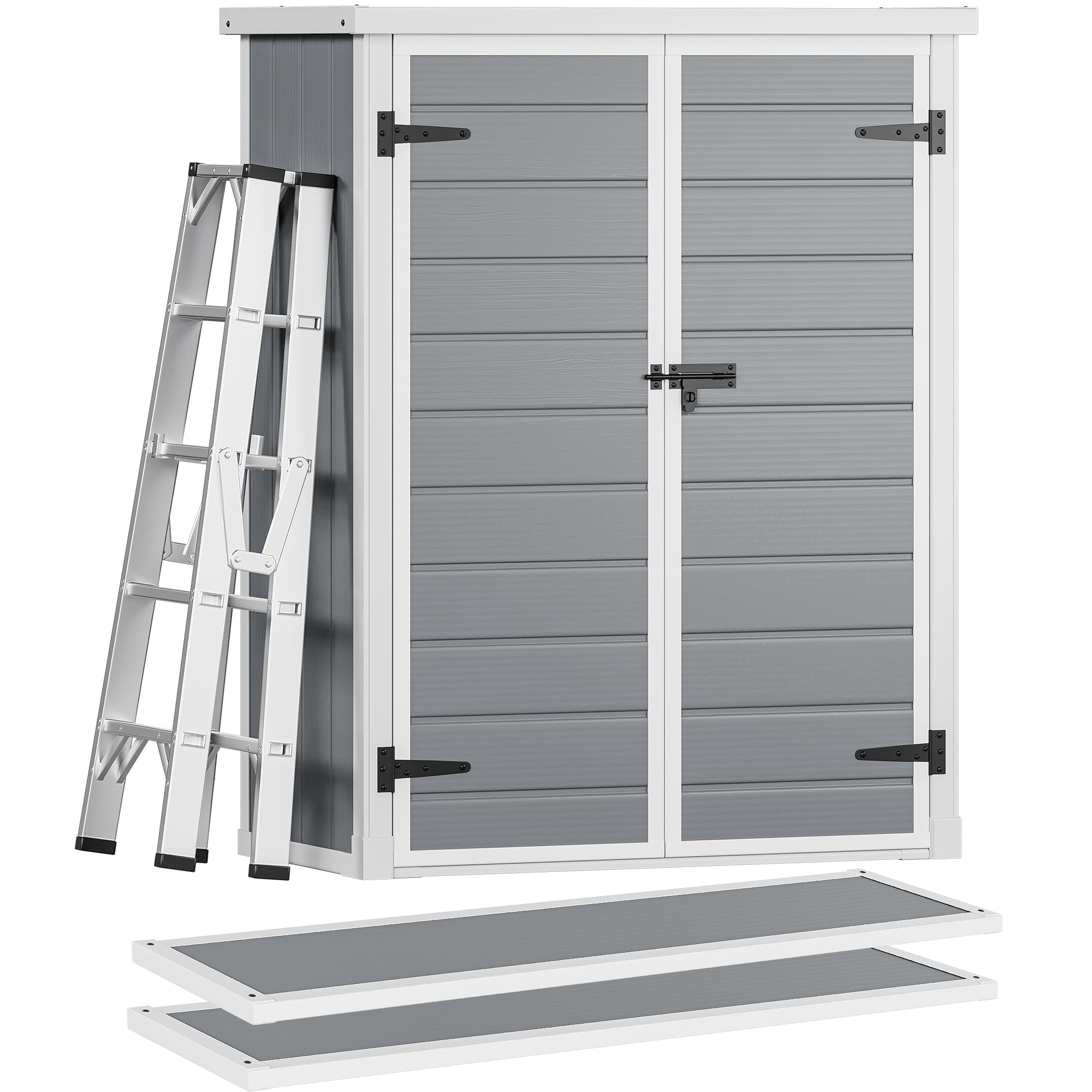 Photo 1 of DWVO Outdoor Vertical Storage Shed with 2 Shelves, 49 Cu Ft Waterproof Resin Garden Shed with Floor & Lockable Door, Plastic Tall Tool Cabinet for Garbage Cans, Lawn Equipment, Garden Supplies (Gray)