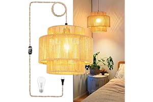 QIYIZM Plug in Pendant Light Hanging Lights with Plug in Cord Boho Hanging Lamp Dimmable,Rattan Wicker Woven Bamboo Lamp Shade, Plug in Ceiling Light Fixture for Living Room Bedroom Kitchen
