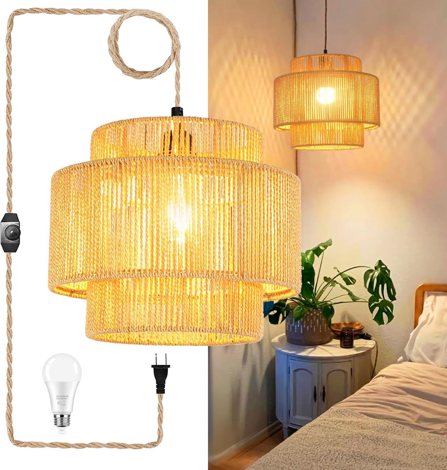 Photo 1 of **PARTS ONLY**QIYIZM Plug in Pendant Light Hanging Lights with Plug in Cord Hanging Lamp Boho Rattan Dimmable Wicker Bamboo Woven Shade Hemp Rope Ceiling Light Fixture for Living Room Bedroom Kitchen