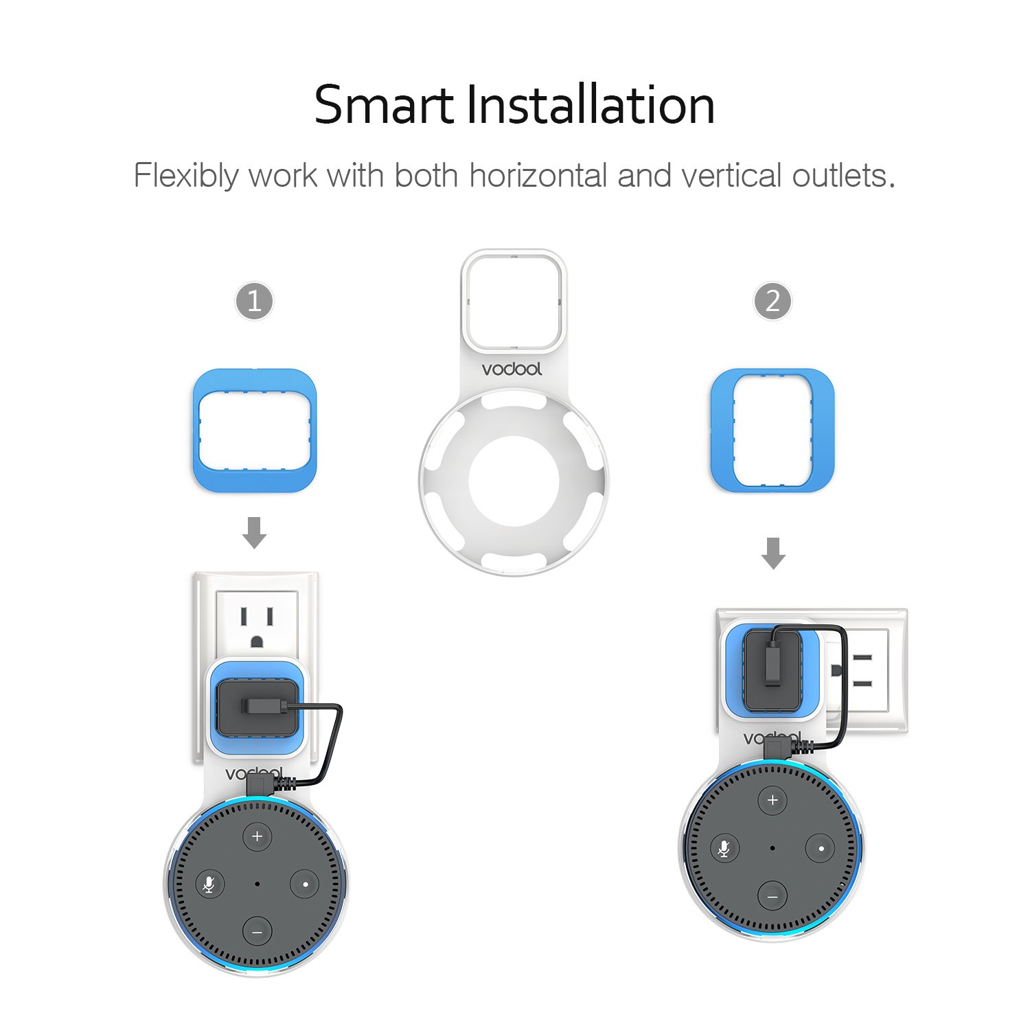 Wall Mount Stand for Echo Dot 2nd Generation, Vodool Hanger Holder Space-Saving Solution for Your Smart Home Speakers without Messy Wires or Screws, Charging Cable Provided - White
