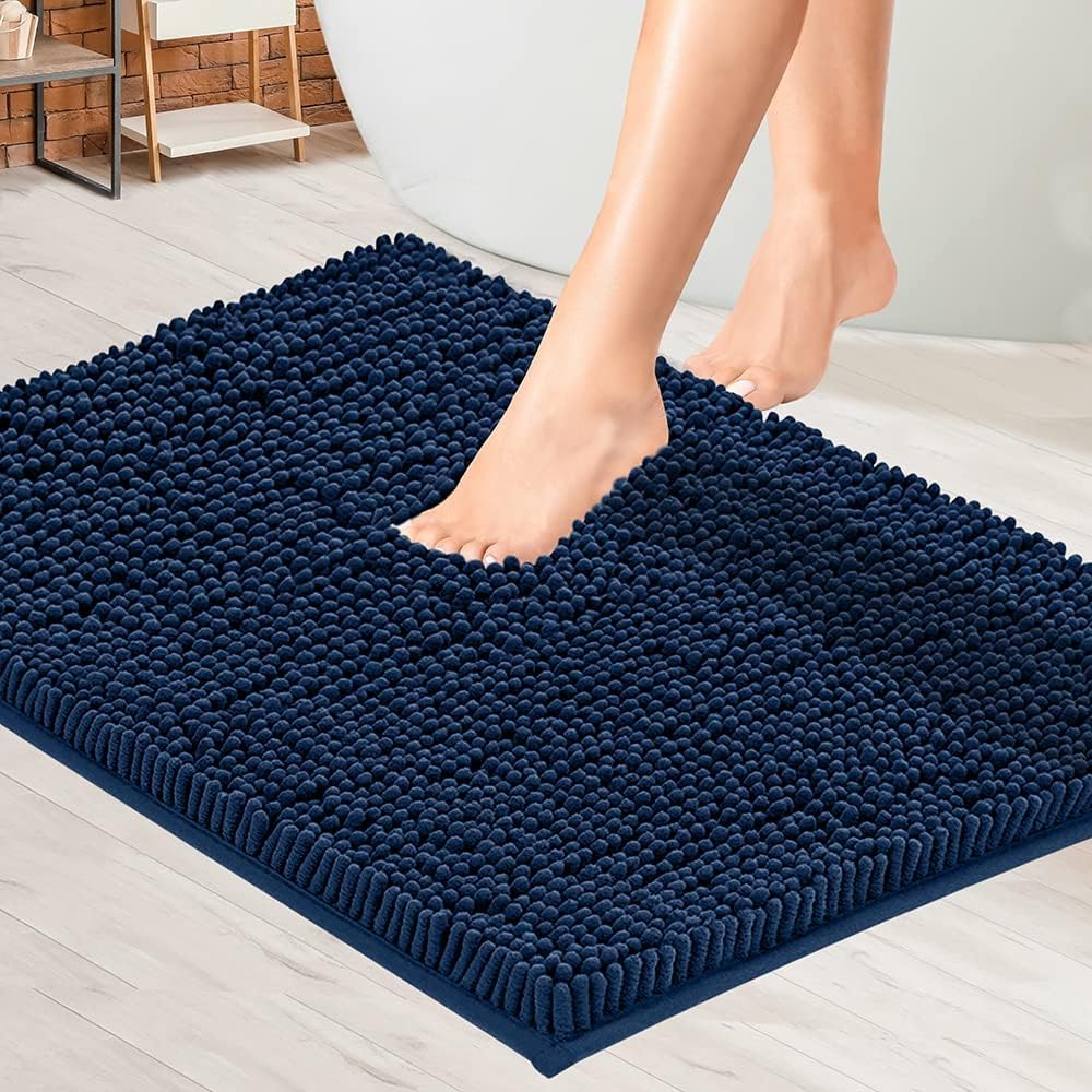 MAYSHINE Chenille Bath Mat, Non Slip & Absorbent, Machine Washable Toilet Mat, Soft Plush Bathroom Rug, Bathroom Accessory (Navy Blue, 50x80cm)