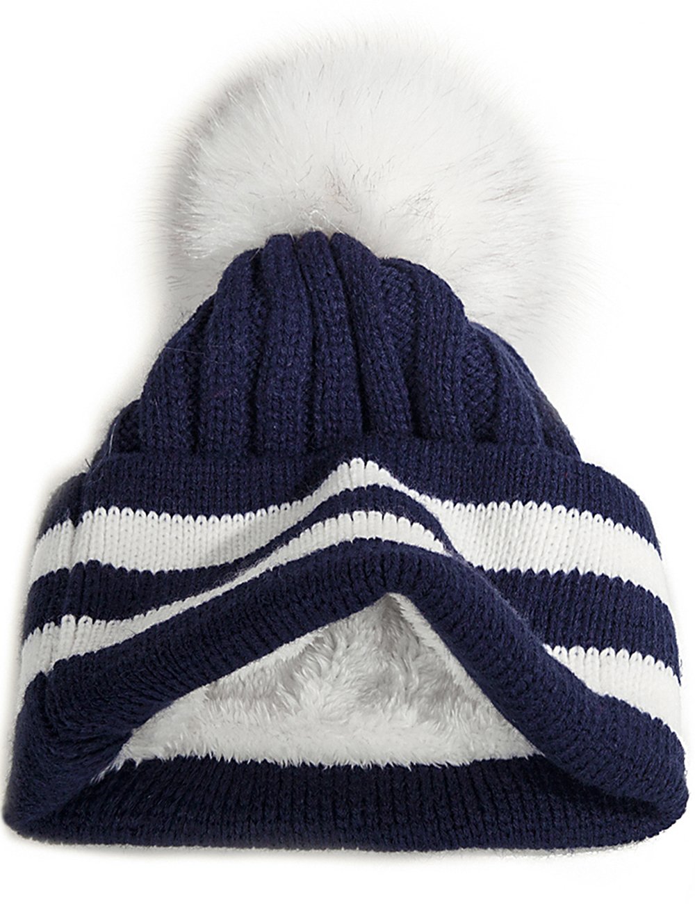 EVRFELAN Pom Pom Cotton Beanie Winter Hat Knitted Thick Warm Cute Caps Women Girls (Navy blue)