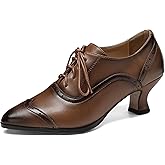 Women's Real Leather Wingtip Oxfords with 2-Inch Low Heel, Adjustable Lace-Up, Pointed Toe Shoes for Work and Walking