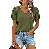 Cicy Bell Womens Puff Short Sleeve T-Shirts V Neck Summer Casual Pleated Tops Loose Fit Curved Hem Tees
