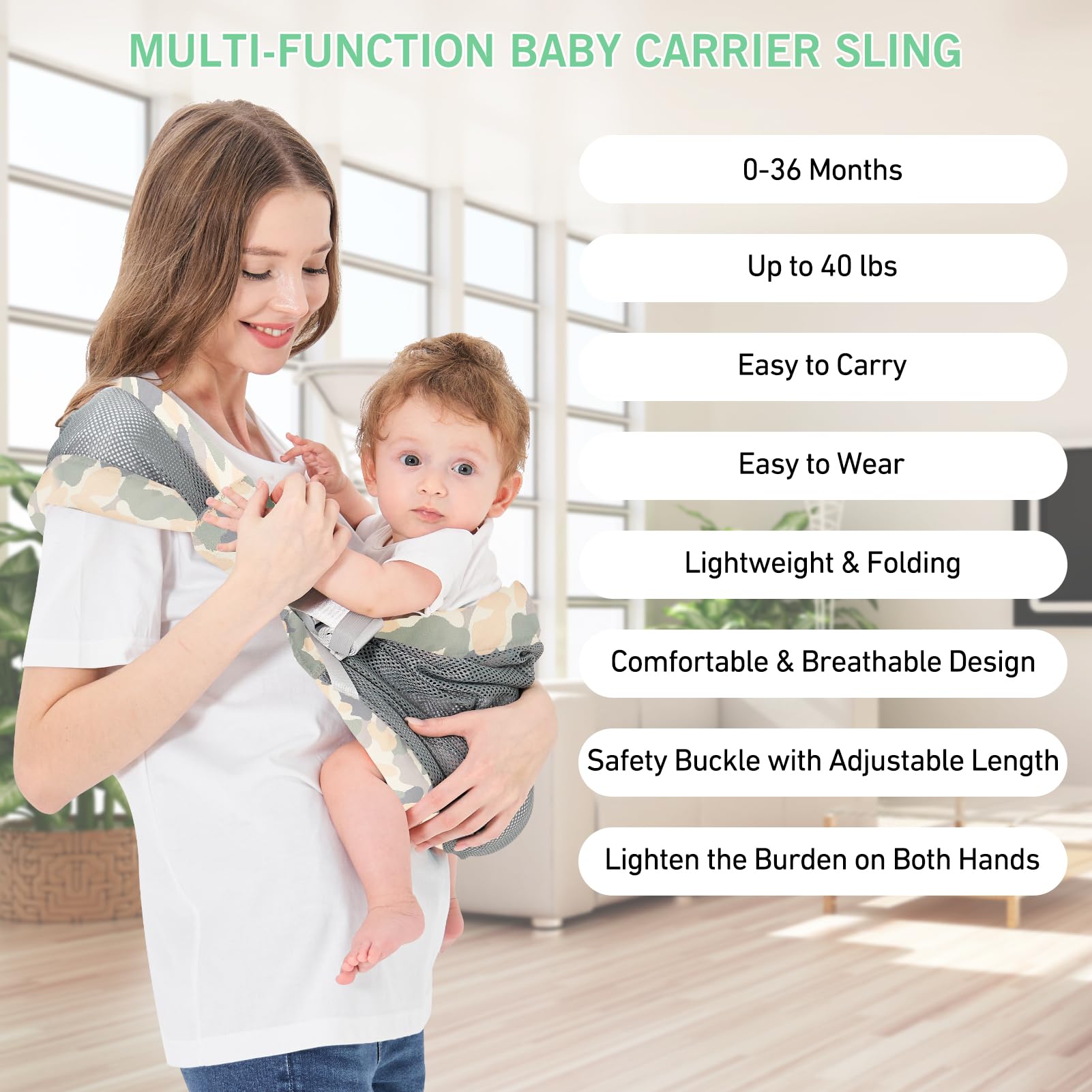 Huifen Adjustable One Shoulder Baby Carrier for Infant, Lightweight Breathable Mesh Baby Hip Carrier Portable Baby Carrier Sling for Newborn to Toddler Girl and Boy 6-40 lbs (Green)