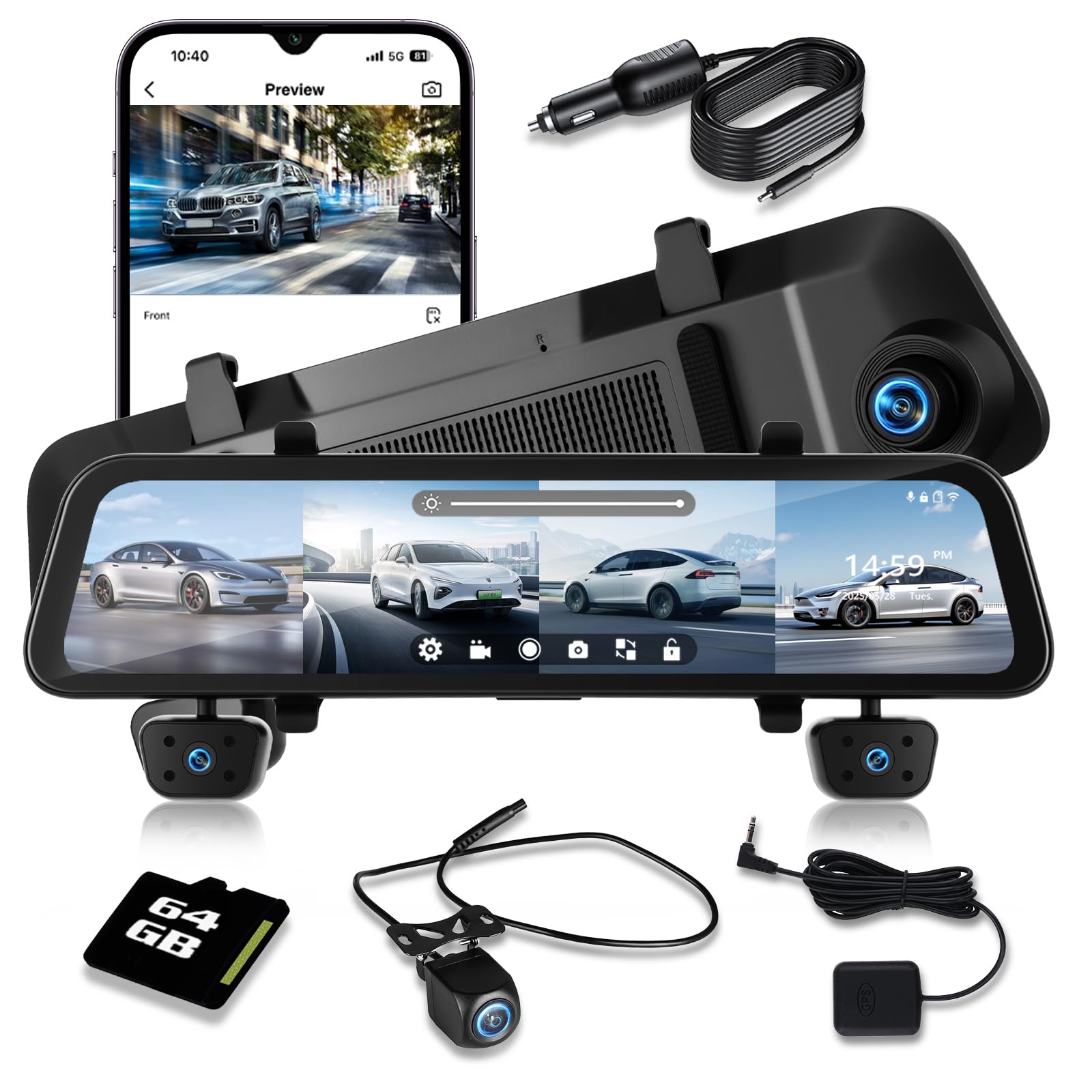 Photo 1 of 12'' Rearview Mirror Camera for Cars, NHOPEEW 360 Degree View 4 Channel Cam, 1080Px4 Rear View Mirror Cam, IR Night Vision for Left and Right Inside Car Camera, GPS, WiFi/APP Control + 64GB Card