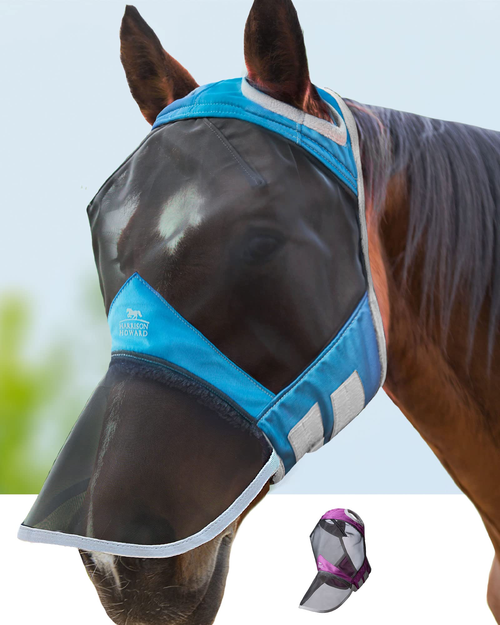 Harrison Howard CareMaster Pro Luminous Fine Mesh UV-proof Fleece Padding Fly Mask Full Face No Ears Voodoo Blue (M; Cob)