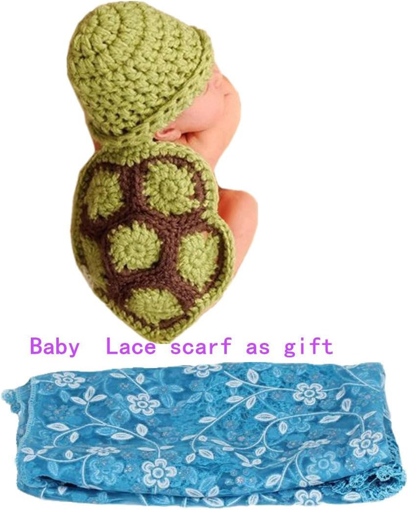 Feng Infant Tortoise Newborn Turtle Costume + Baby Lace Scarf Photo Photography Prop 0-6 mon
