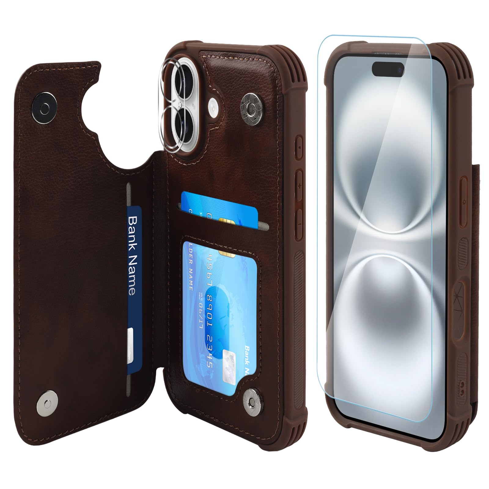 VANAVAGY Compatible for iPhone 16 Wallet Case with Credit Card Holder,Rfid Block Leather Flip Folio Phone Cover Fits Magnetic Car Mount and Stand with Screen Camera Protector,Brown