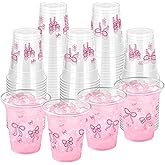 ZCPTZ 100 Pcs Pink Bow Plastic Cups, 12 oz Cute Bow Drinking Cups Pink Bow Clear Disposable Plastic Cups for Bridal Shower Wedding Birthday Party Supplies