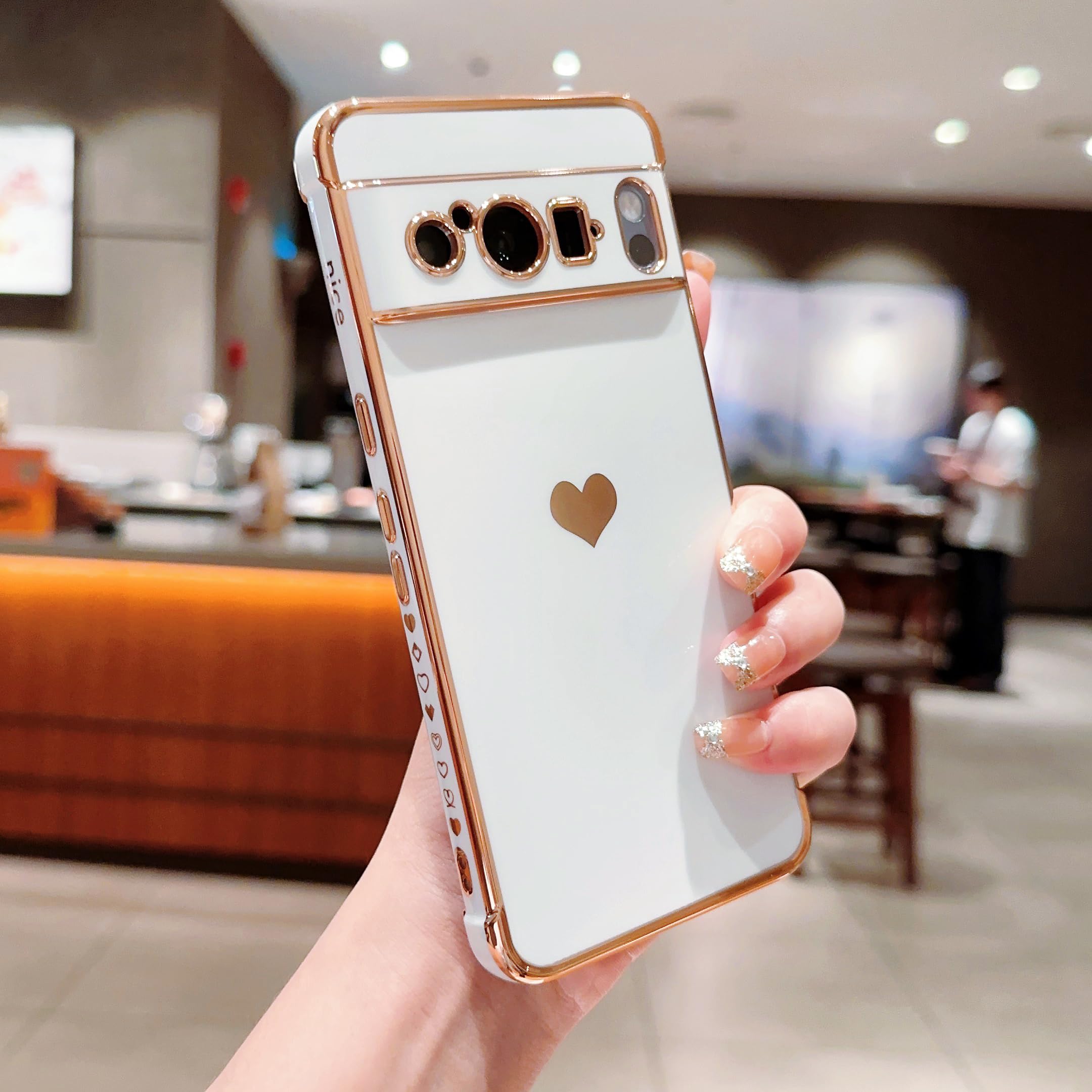 LSOUGUK Compatible with Google Pixel 8 Pro (6.7") Case,Love Heart Pattern Electroplated Design Soft TPU Shockproof Protective Phone Case Full Camera Lens Protection Cover for Google Pixel 8 Pro-White