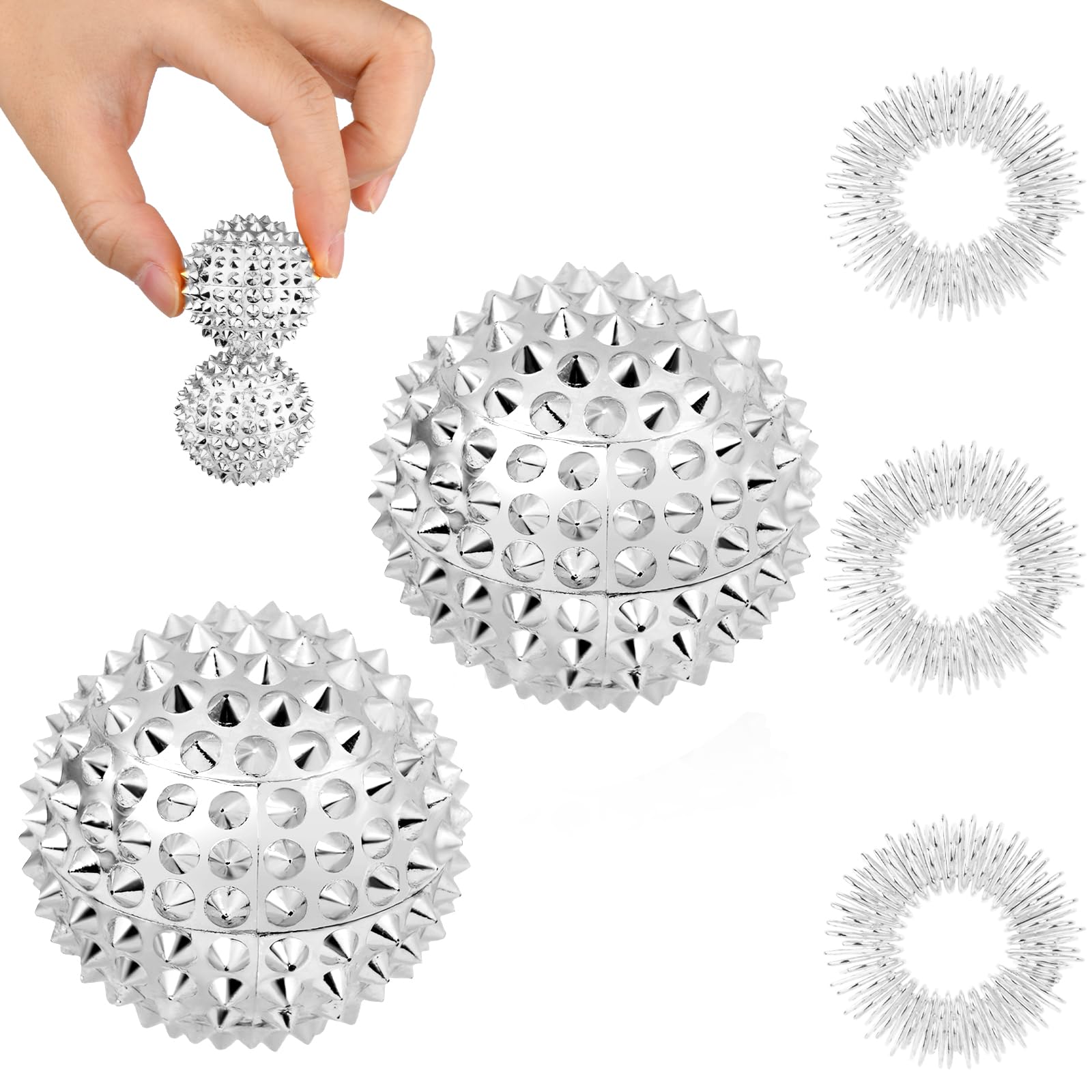 URAQT 2Pcs Magnetic Massage Ball Set with 3 Massage Ring, Hand Acupuncture Ball for Physical Therapy, Health Magnetic Massage Ball & Fidget Ring for Stress Relief Tight Muscles(Silver)