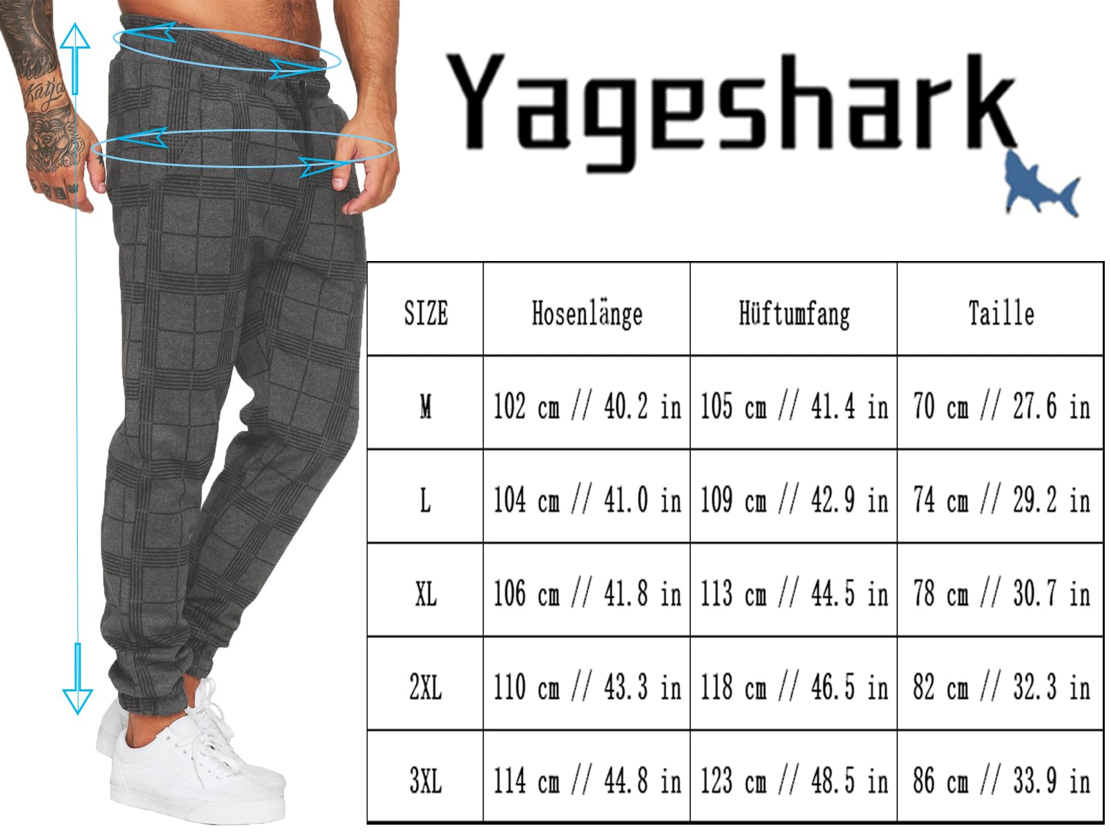 Yageshark Jogging Bottoms for Men, Tracksuit Bottoms, Loose-Fit Sports Trousers, Long, Chequered, Casual