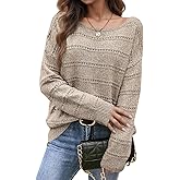 Flamingals Crochet Knit Sweater for Women Long Sleeve Cute Elegant Hollow Out Boat Neck Cozy Oversized Tunic Sweater 2026