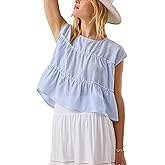 Wanzetaly Women's Summer Tops Striped Shirts Crewneck Cap Sleeve Babydoll Pleated Peplum Blouse(0602-Blue-L)