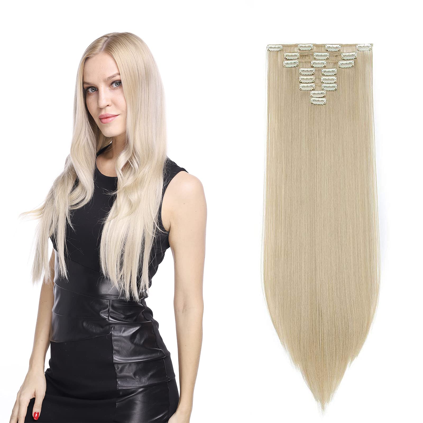 Silk-co Clip in Hair Extensions 8Pcs 23inch Straight Synthetic Heat Resistant Hairpiece Extension -Blond/Bleach Blond