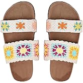 OYOANGLE Women's Floral Crochet Sandals Open Toe Double Strap Flat Sandals Slip On Outdoor Casual Slides