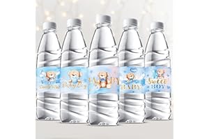 Ninehaoou 72 Pieces Bear Baby Shower Water Bottle Labels Bear Theme Blue Baby Shower Bottle Stickers Wrappers Waterproof Self Adhesive Labels for Baby Shower Gender Reveal Party Decorations