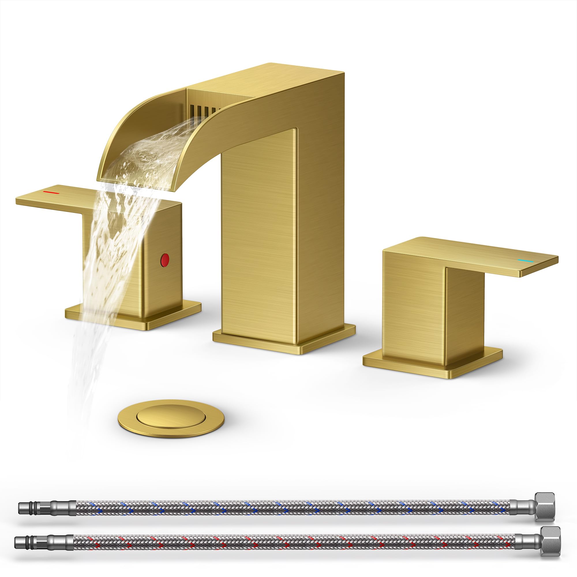 Photo 1 of QFN Brushed Gold Bathroom Faucet 3 Hole, 8 Inch Widespread Square Sink Faucet Bathroom with Metal Pop-up Drain and 24" CUPC Supply Line, Lead-Free 2 Handles for Vanity, Restroom, Lavatory and Mall